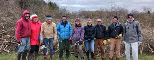 Nine people stand in front of a pile of cut branches, smiling.